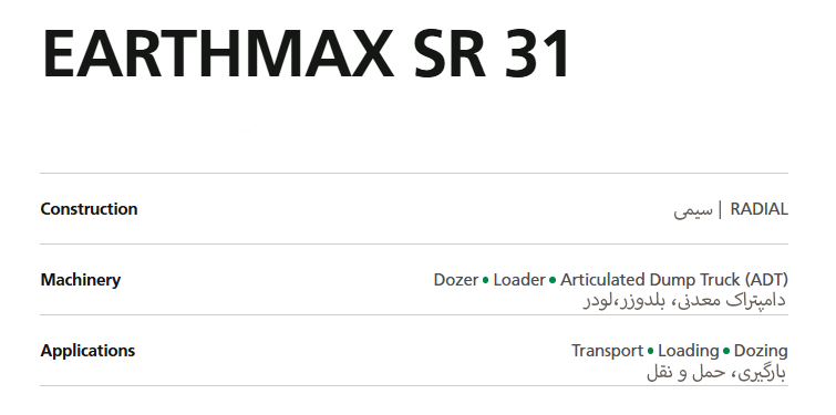 مشخصات فنی تایر BKT مدلSR31